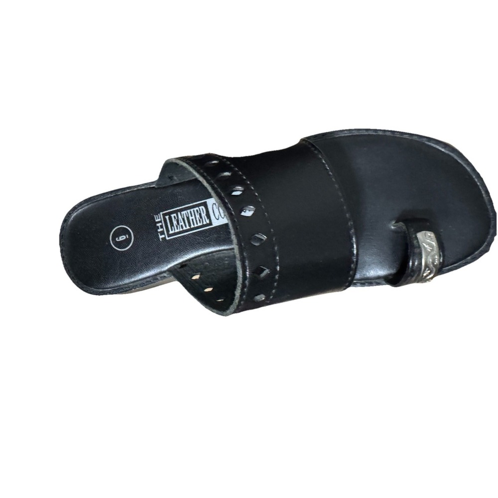 Women's Black Leather Toe-Ring Strappy Slide Sandals New